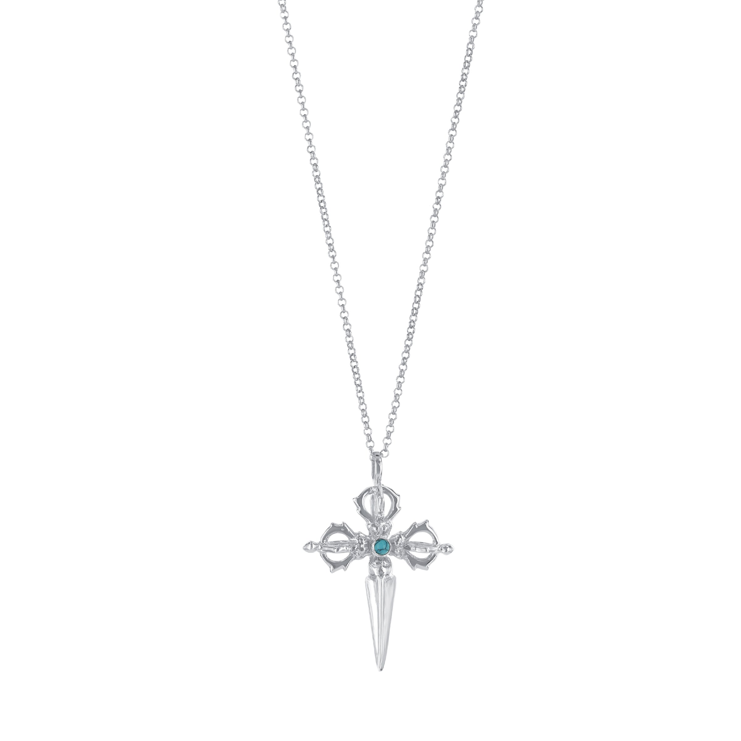 Turquoise Tibetan Cross Necklace Sterling Silver