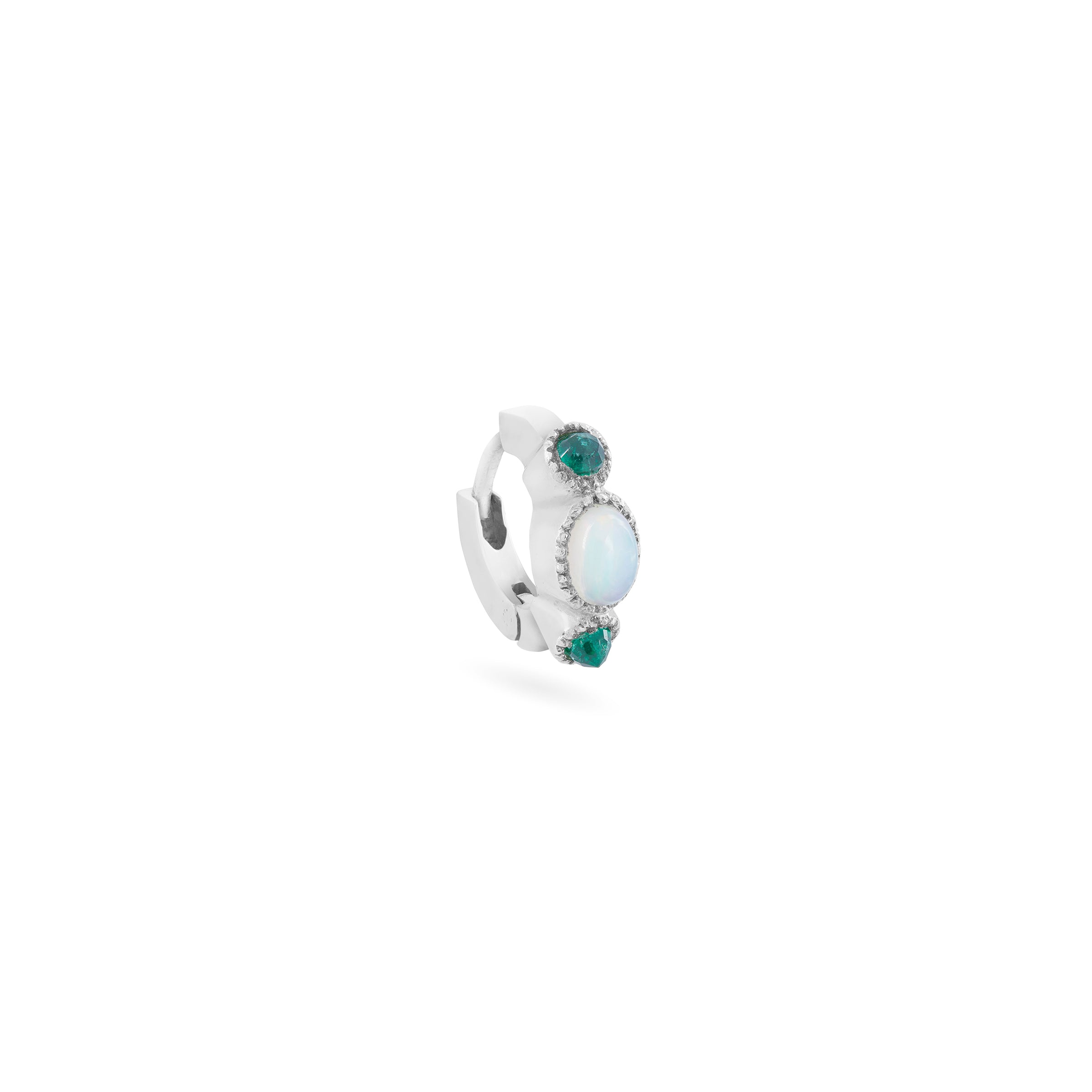 White Gold 6.5mm Opal and Emerald Single Hoop