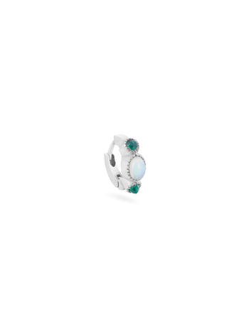 White Gold 6.5mm Opal and Emerald Single Hoop